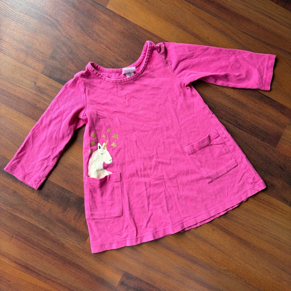 Hanna Andersson Girls Pink Unicorn Pocket Long Sleeve Dress 2T 59774 FWH20